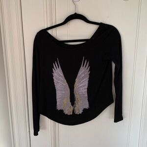 Black Long-Sleeved Top with White Wings on Back